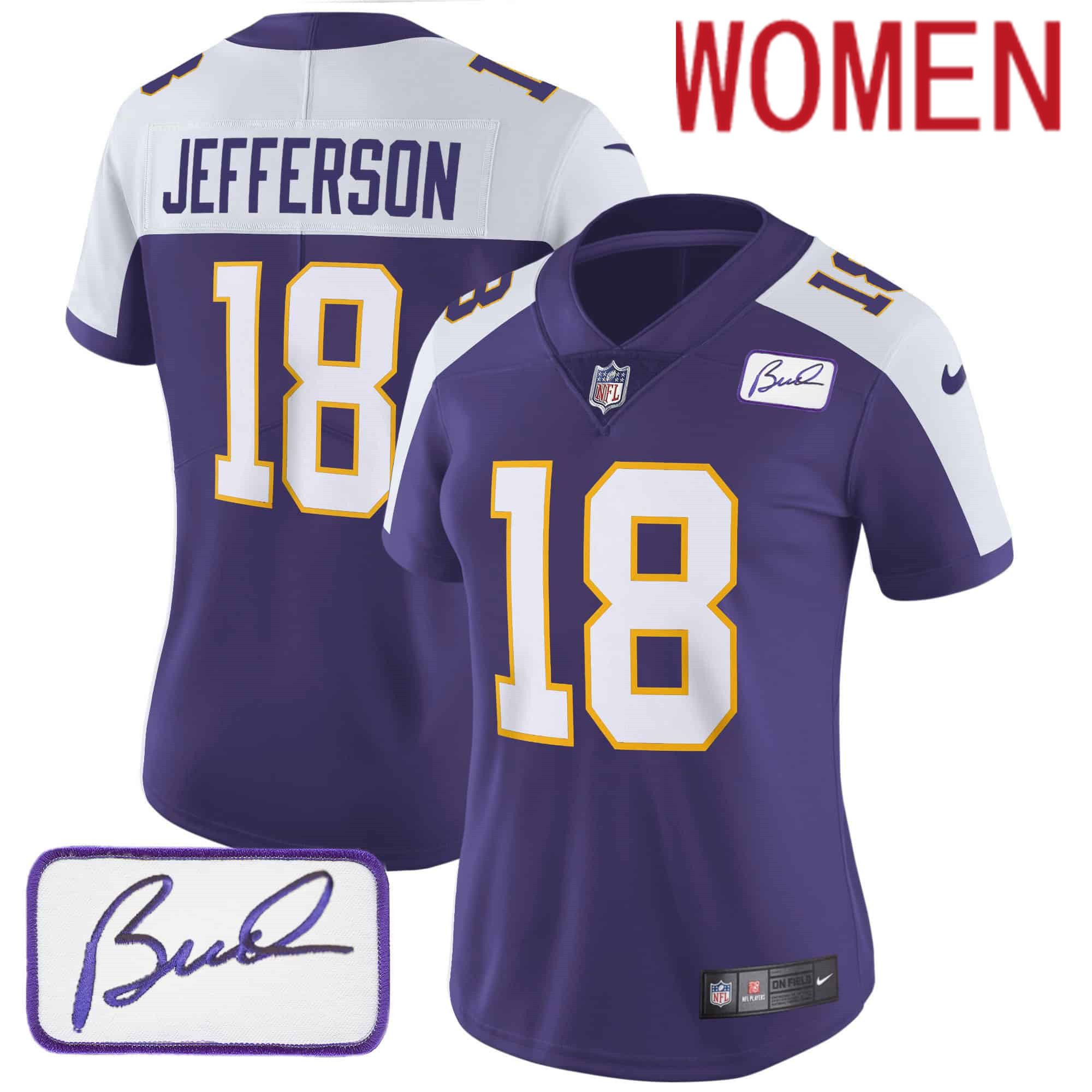 Women Minnesota Vikings 18 Jefferson Purple 2024 Nike Bud Grant Patch Classic Limited NFL Jersey